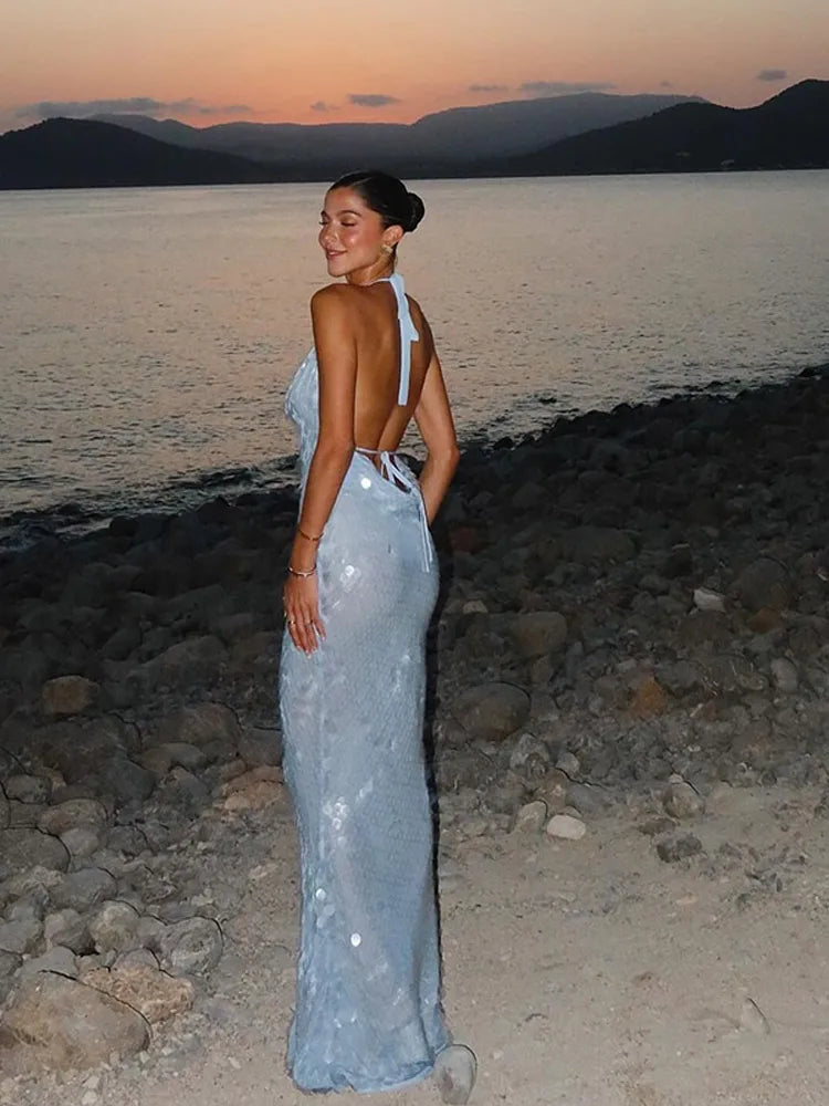 Saba: Sequin Halter Backless Maxi Dress