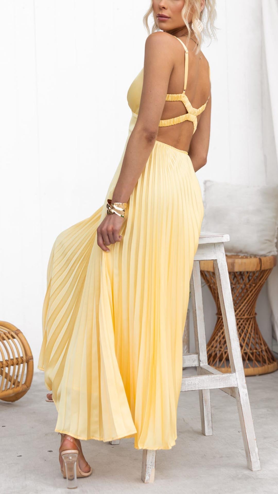 Lucy: Pleated V-Neck Maxi Dress