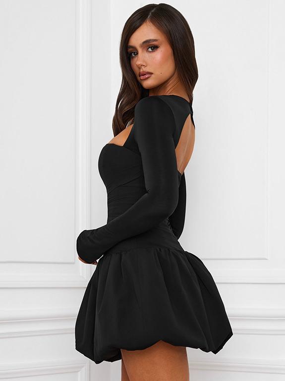 Vita Di Palma™ | Elegant Puff-Sleeve Mini Dress with Square Neck and Backless Design