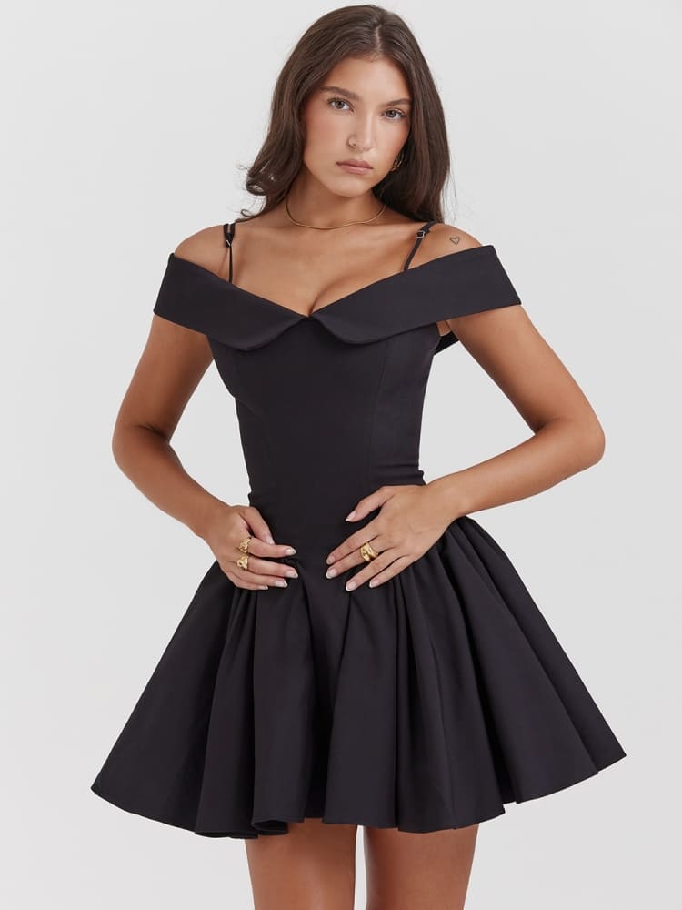 Vita Di Palma™ | Black Off-Shoulder Spaghetti Strap Mini Dress