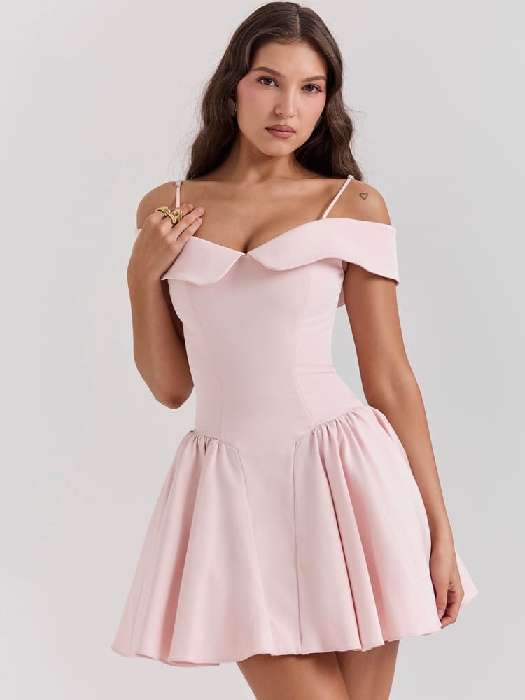 Vita Di Palma™ | Ballet Pink Off-Shoulder Strap Mini Dress