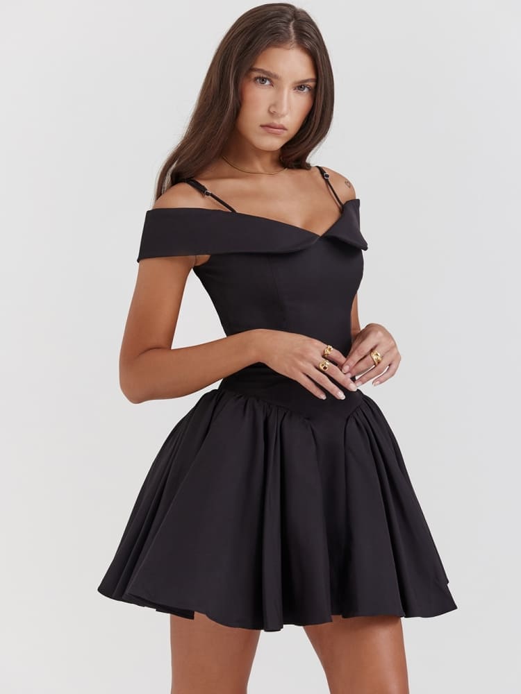 Vita Di Palma™ | Black Off-Shoulder Spaghetti Strap Mini Dress