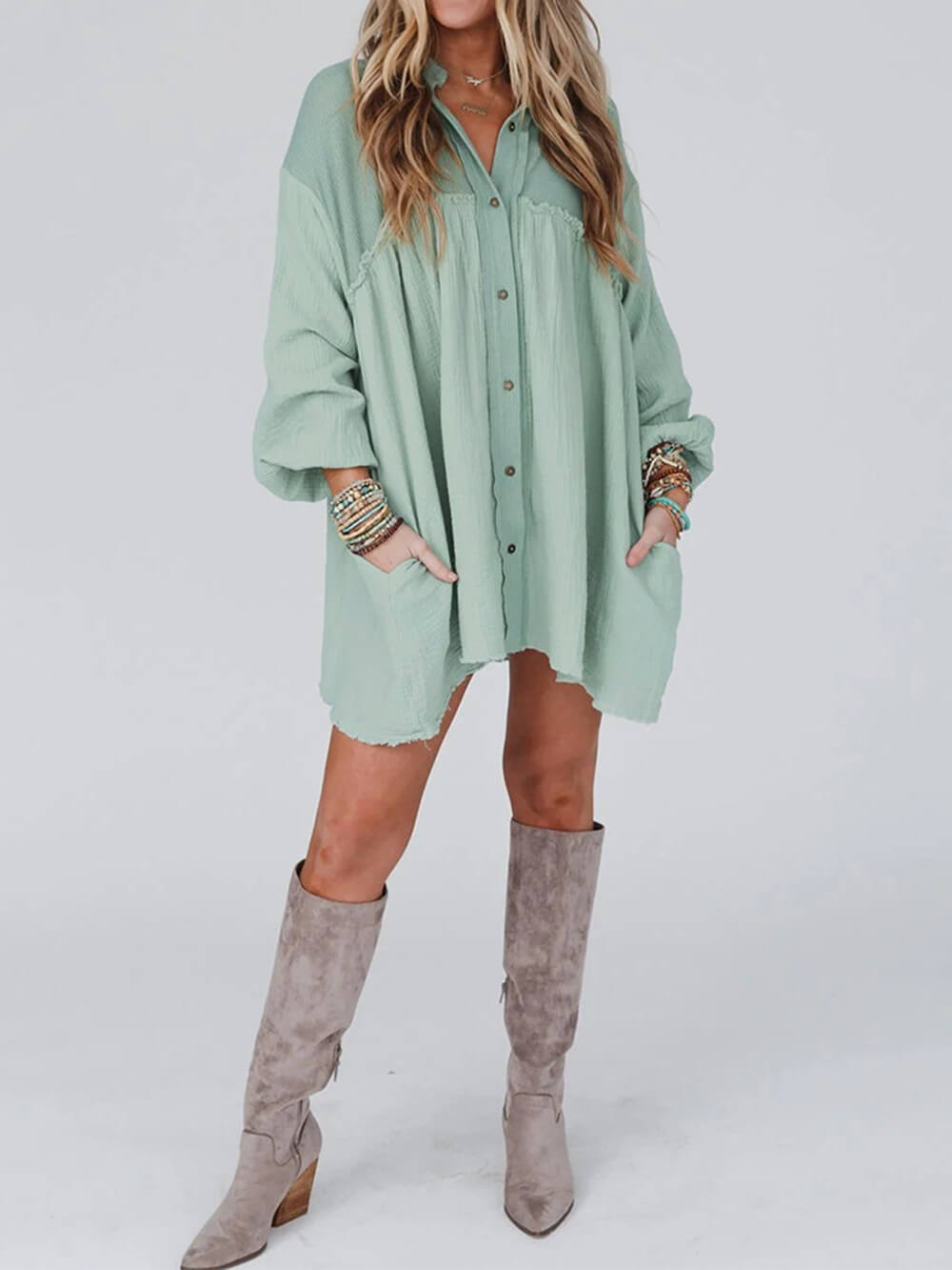 Vita Di Palma™ | Mint Green Patchwork Crinkle Puff Sleeve Shirt Dress