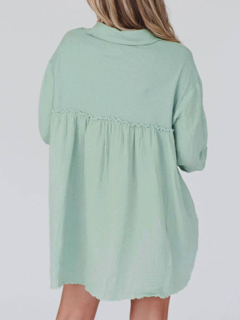 Vita Di Palma™ | Mint Green Patchwork Crinkle Puff Sleeve Shirt Dress