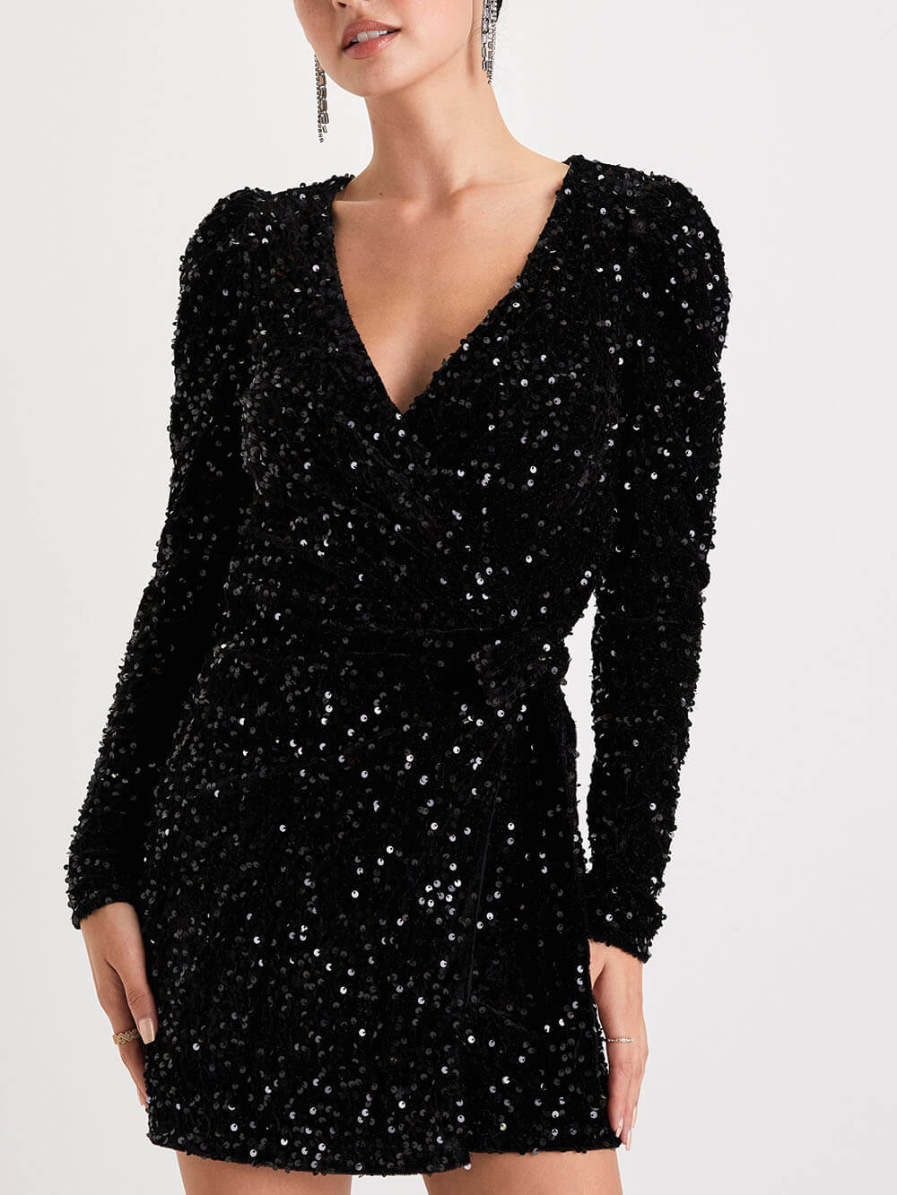 Vita Di Palma™ | Black Sequin Velvet Long Sleeve Wrap Mini Dress