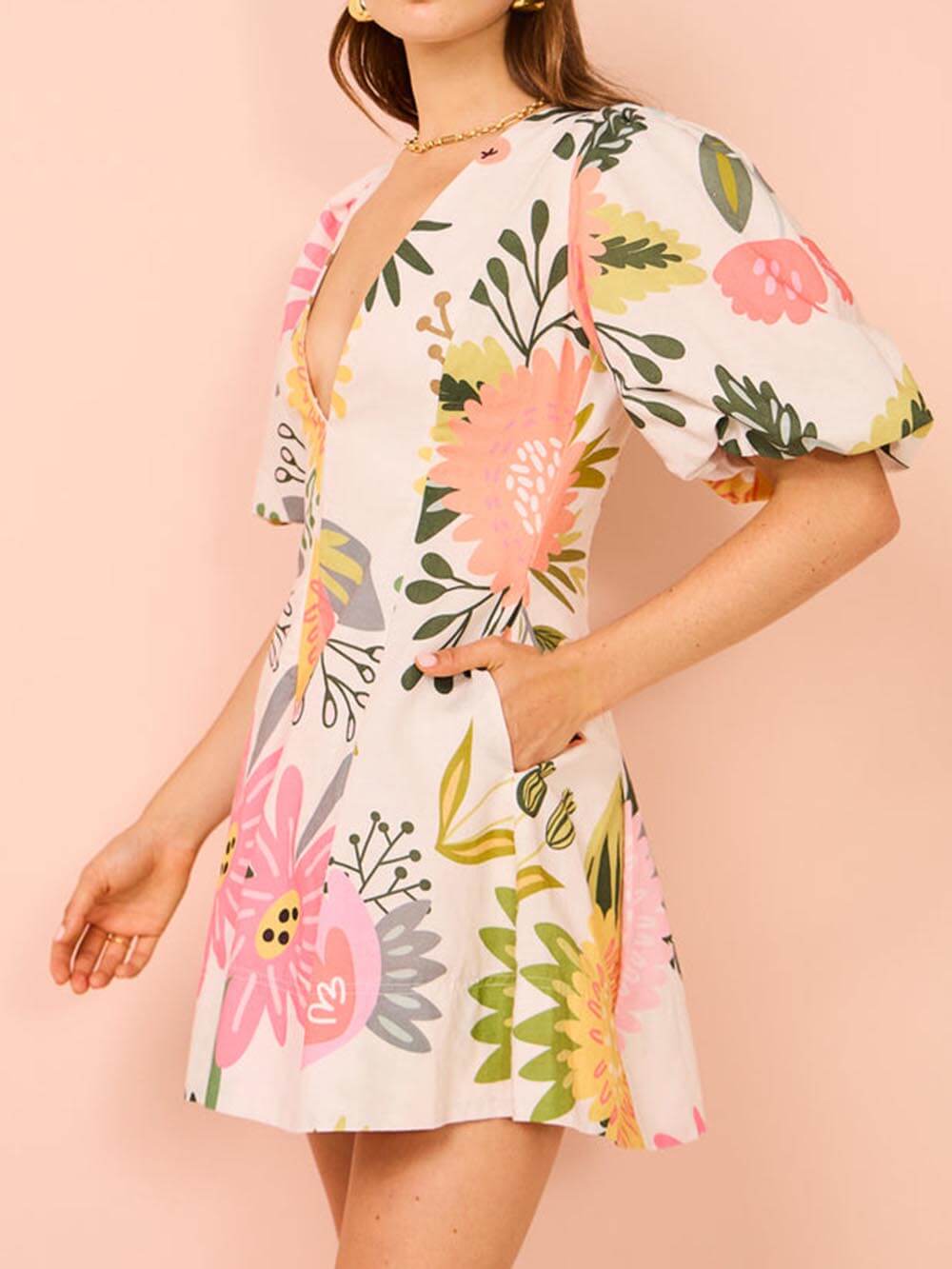 Vita Di Palma™ | Floral Print Puff Sleeve Pocketed Mini Dress