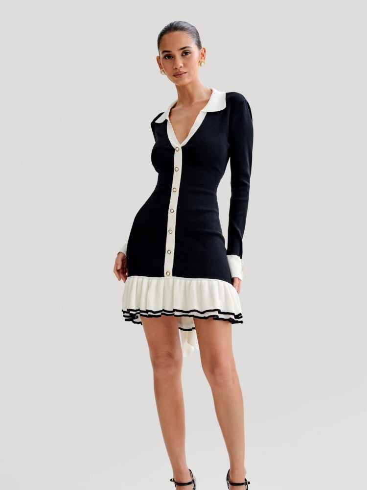 Vita Di Palma™ | Ruffled Pearl Button Knit Mini Dress