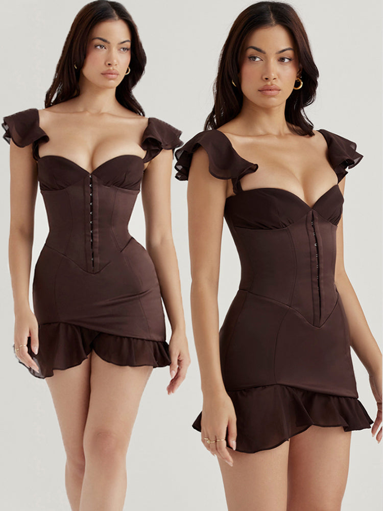 Vita Di Palma™ | Dark Coffee Ruffle Bustier Mini Dress