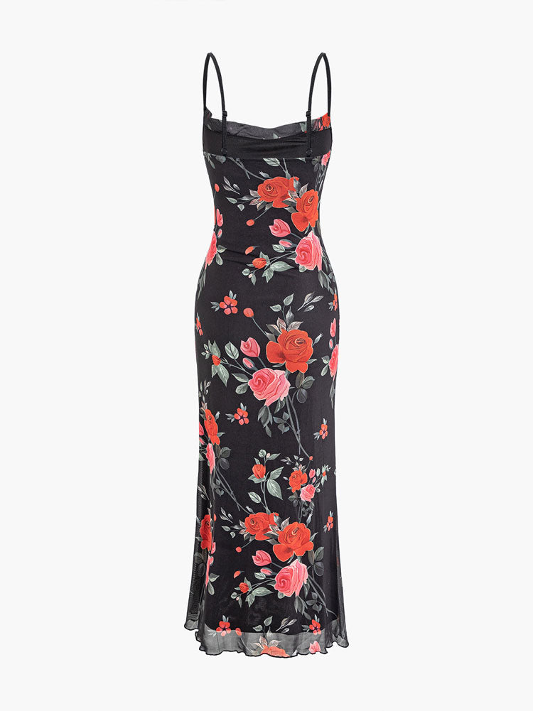 Vita Di Palma™ | Floral Print Mesh Spaghetti Strap Maxi Dress