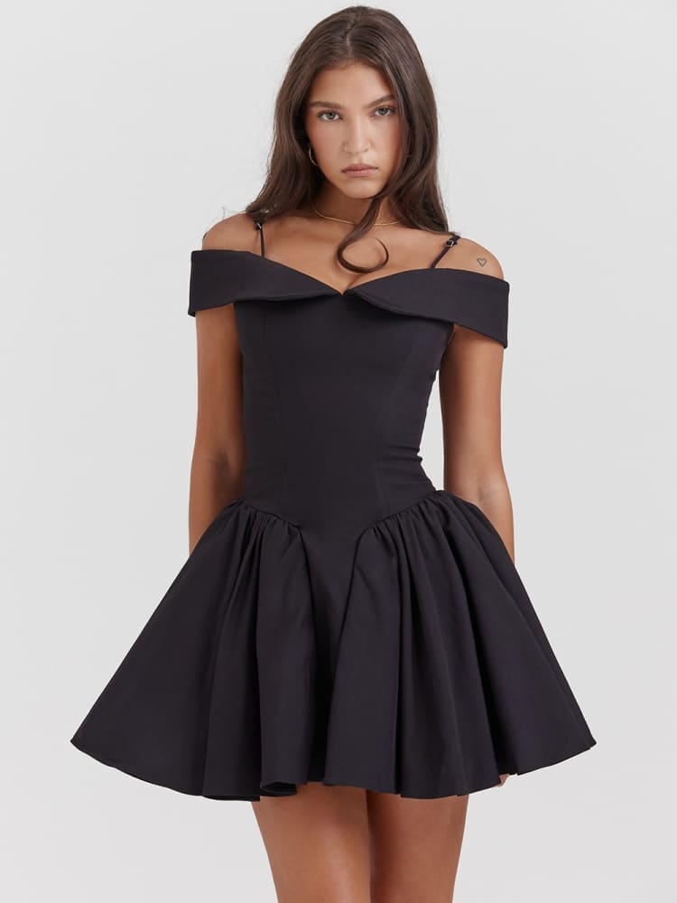 Vita Di Palma™ | Black Off-Shoulder Spaghetti Strap Mini Dress