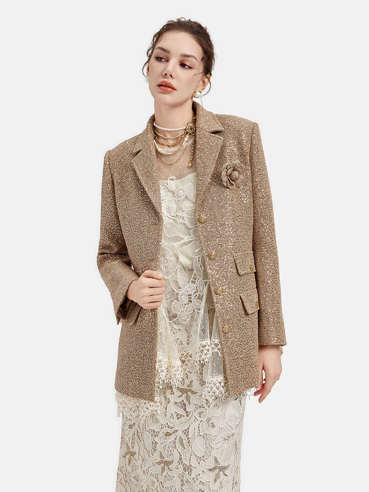 Vita Di Palma™ | Gold Sequined Camellia Brooch Jacket