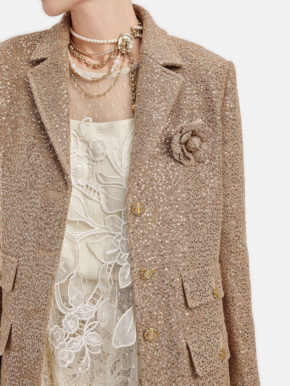 Vita Di Palma™ | Gold Sequined Camellia Brooch Jacket