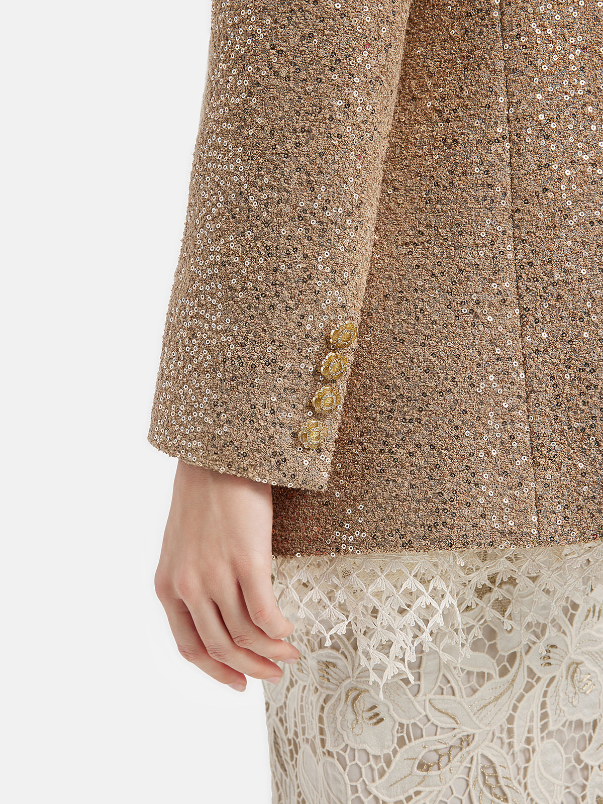 Vita Di Palma™ | Gold Sequined Camellia Brooch Jacket