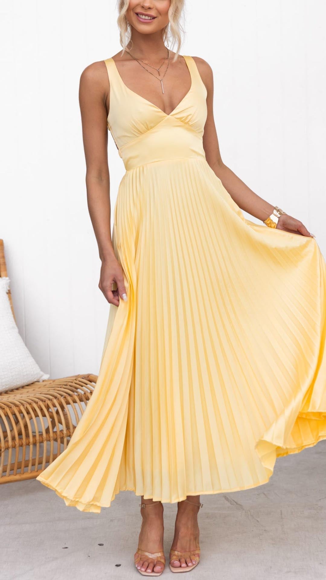 Lucy: Pleated V-Neck Maxi Dress