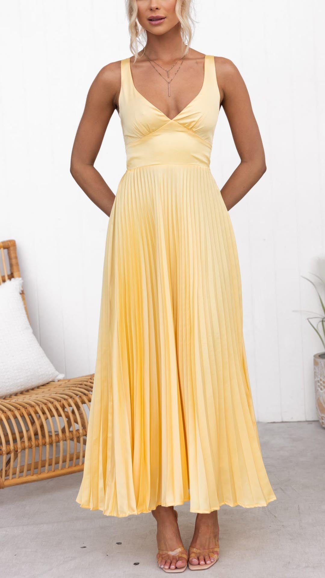Lucy: Pleated V-Neck Maxi Dress