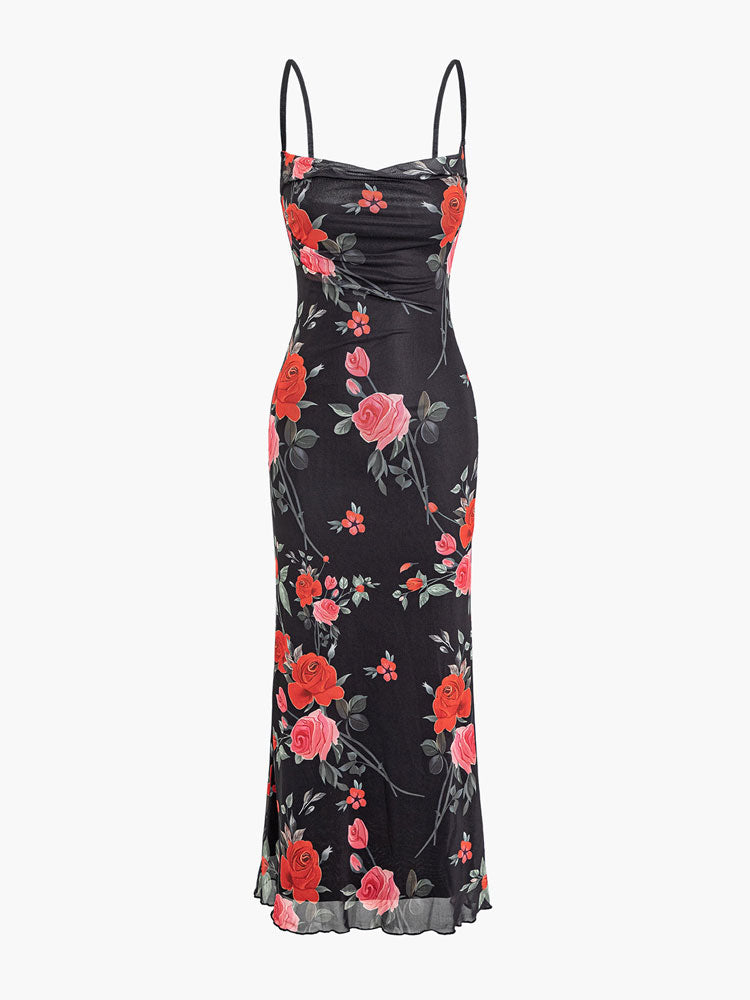 Vita Di Palma™ | Floral Print Mesh Spaghetti Strap Maxi Dress