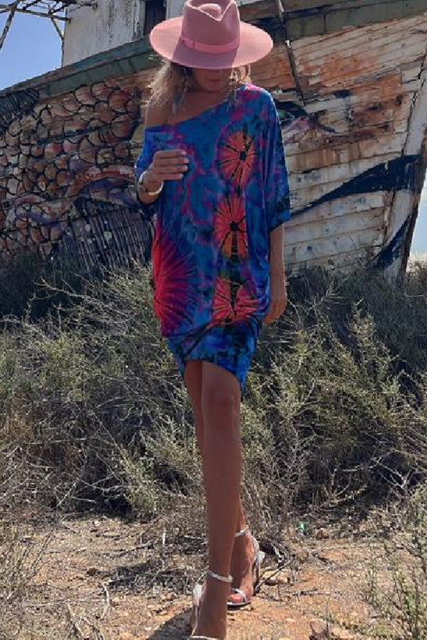 Vita Di Palma™ | Tie-dye Print Mini Dress Stretch Oversized Kaftan