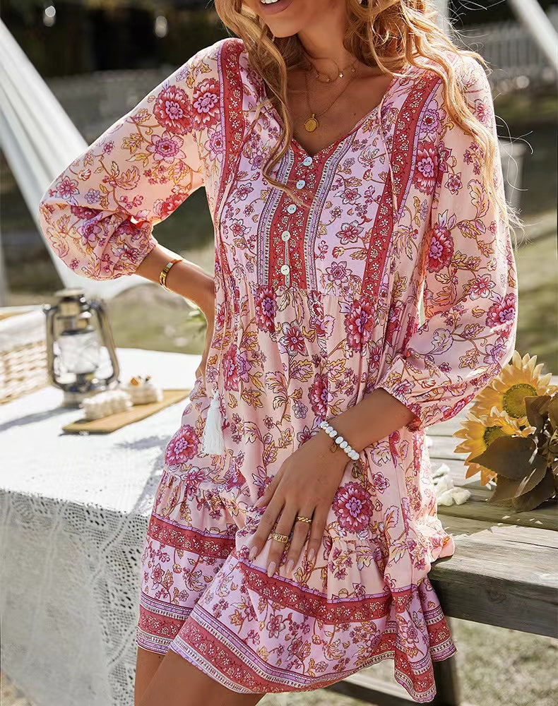 Vita Di Palma™ | V-neck Printed Casual Bohemian Short Dress