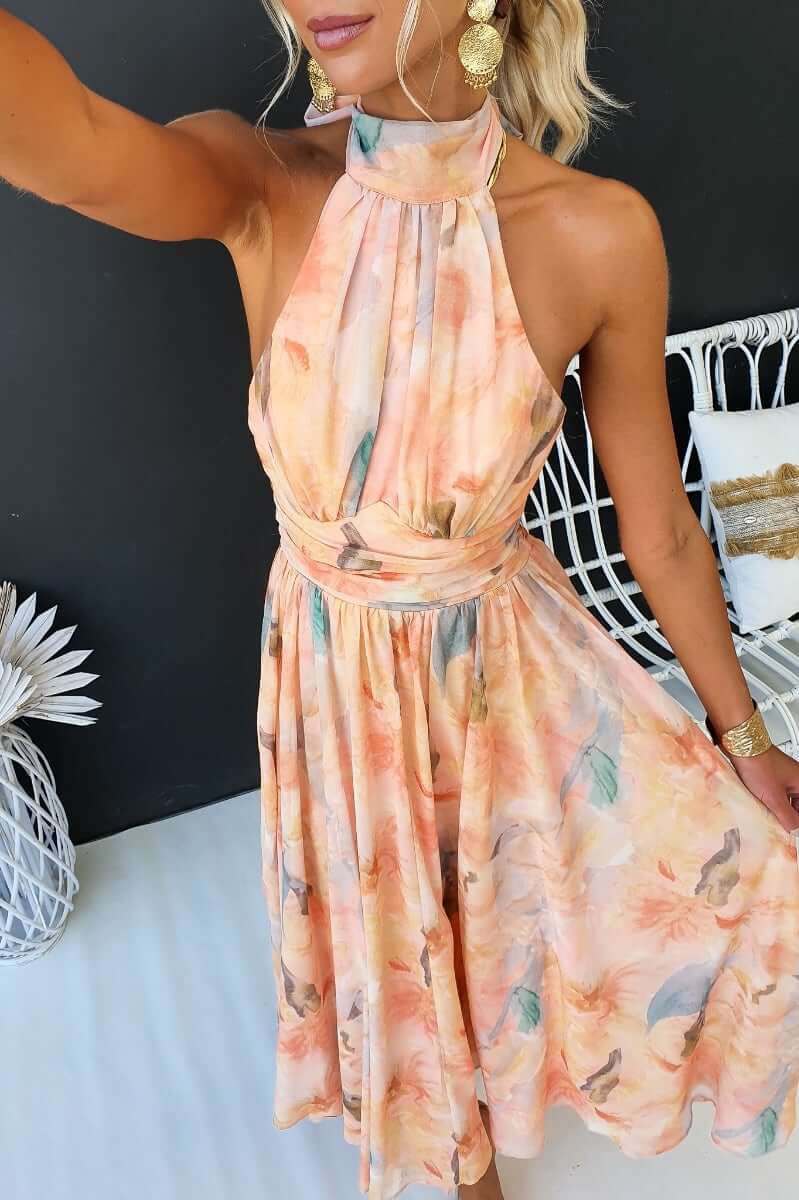 Luchi - Elegant Halter Neck Floral Print Maxi Dress