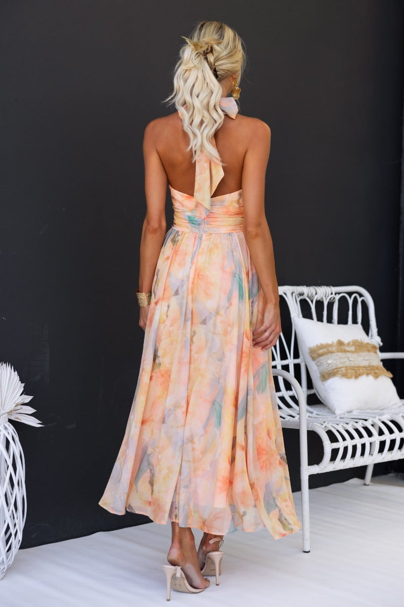 Luchi - Elegant Halter Neck Floral Print Maxi Dress