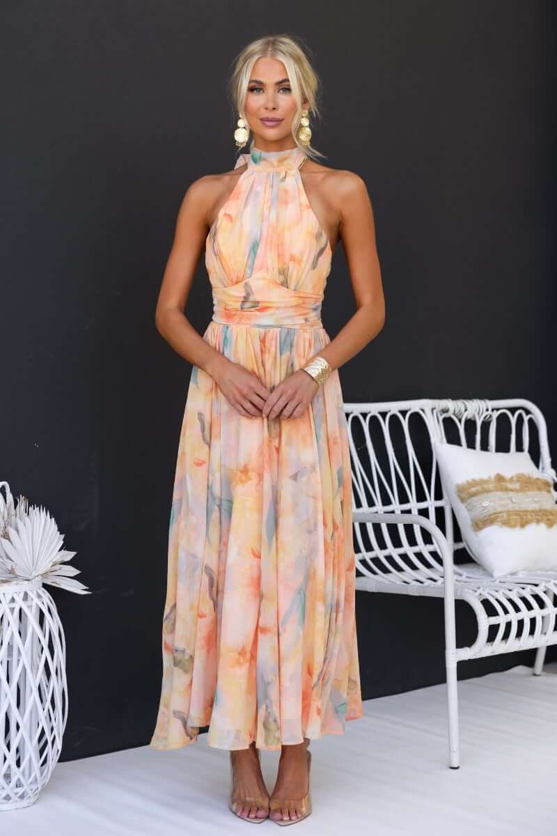 Luchi - Elegant Halter Neck Floral Print Maxi Dress