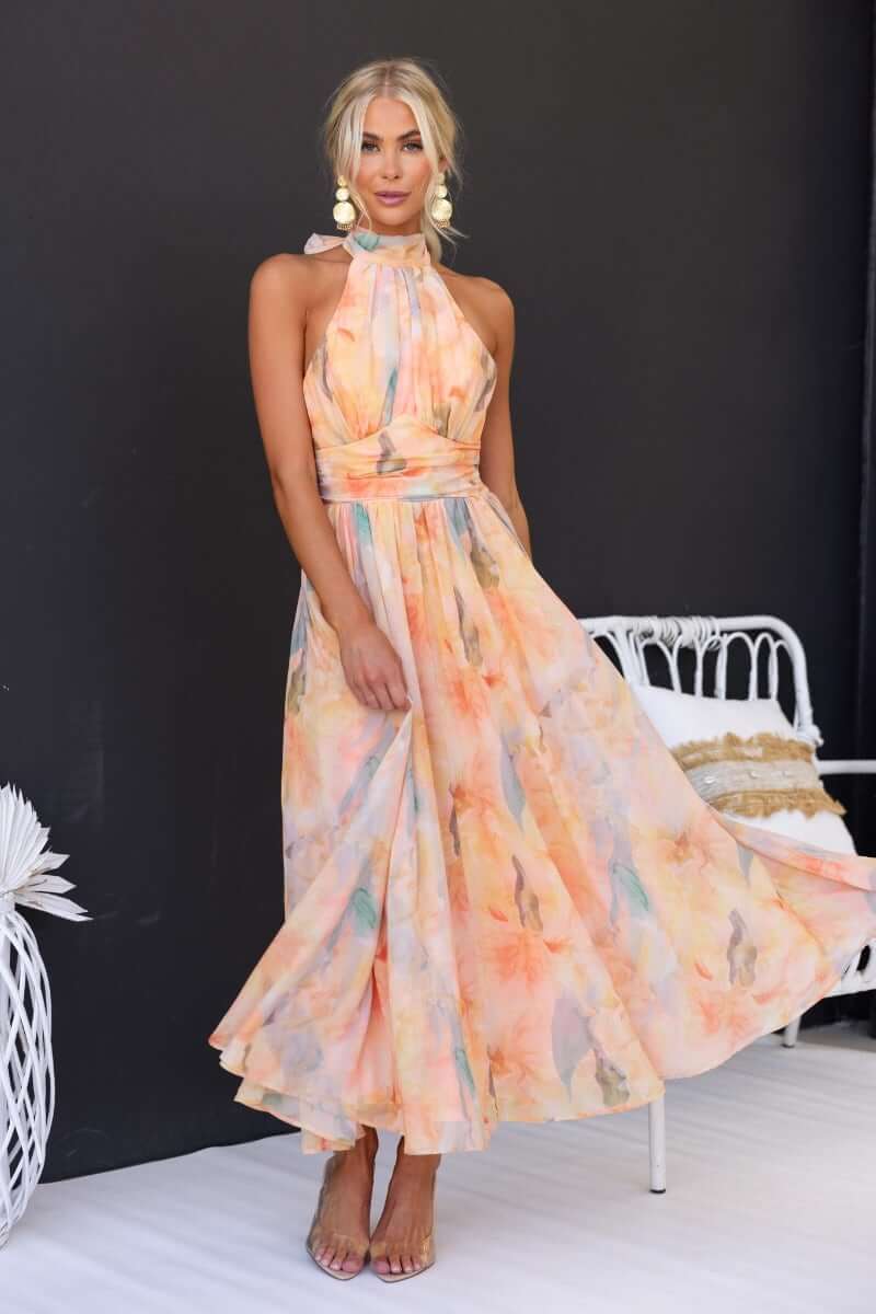 Luchi - Elegant Halter Neck Floral Print Maxi Dress
