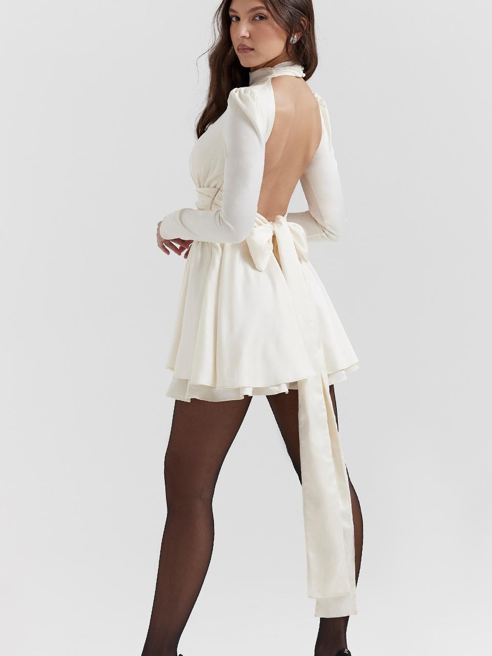 Vita Di Palma™ | White Lace-Back Bow Detail Long Sleeve Dress