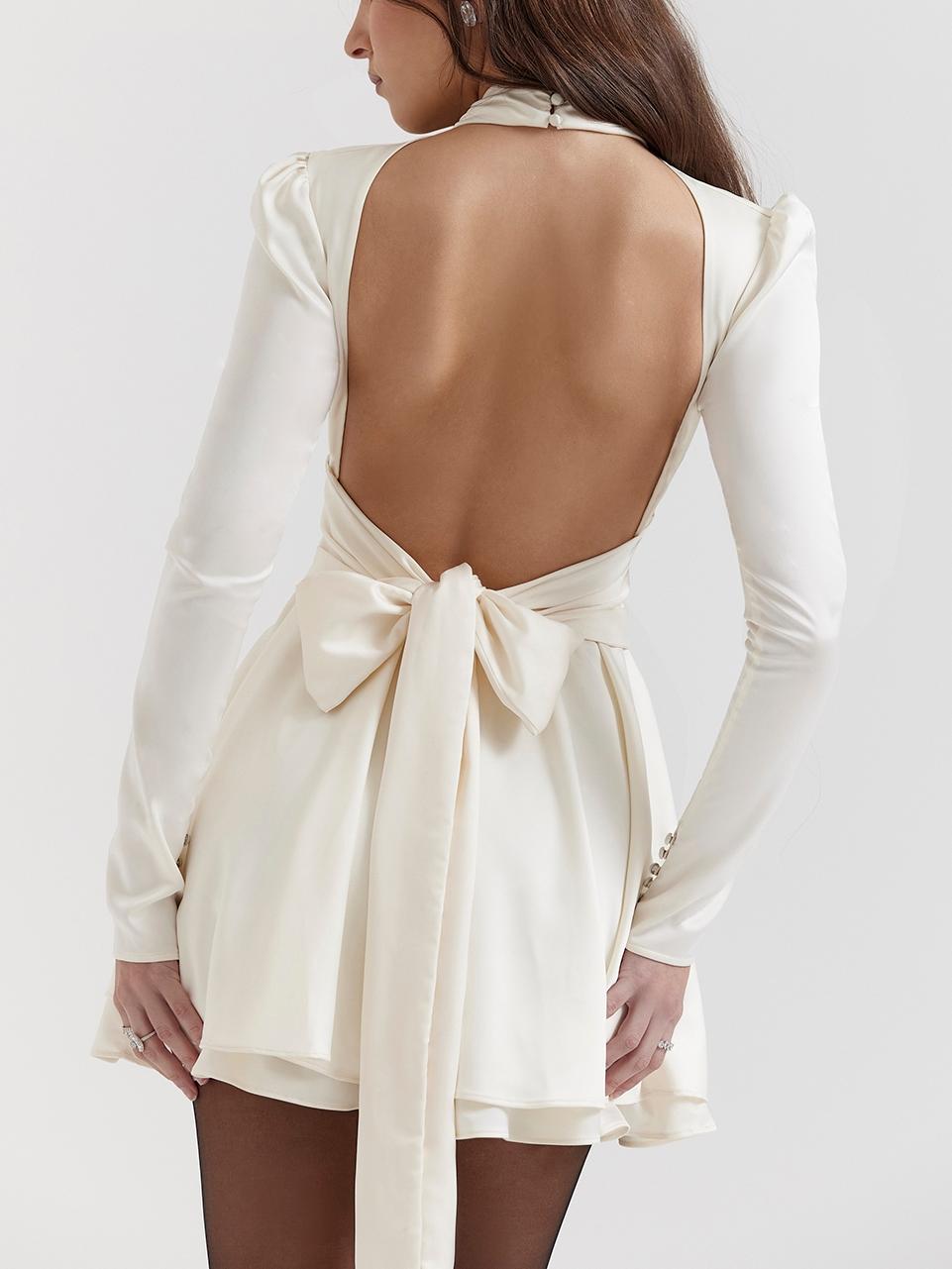 Vita Di Palma™ | White Lace-Back Bow Detail Long Sleeve Dress