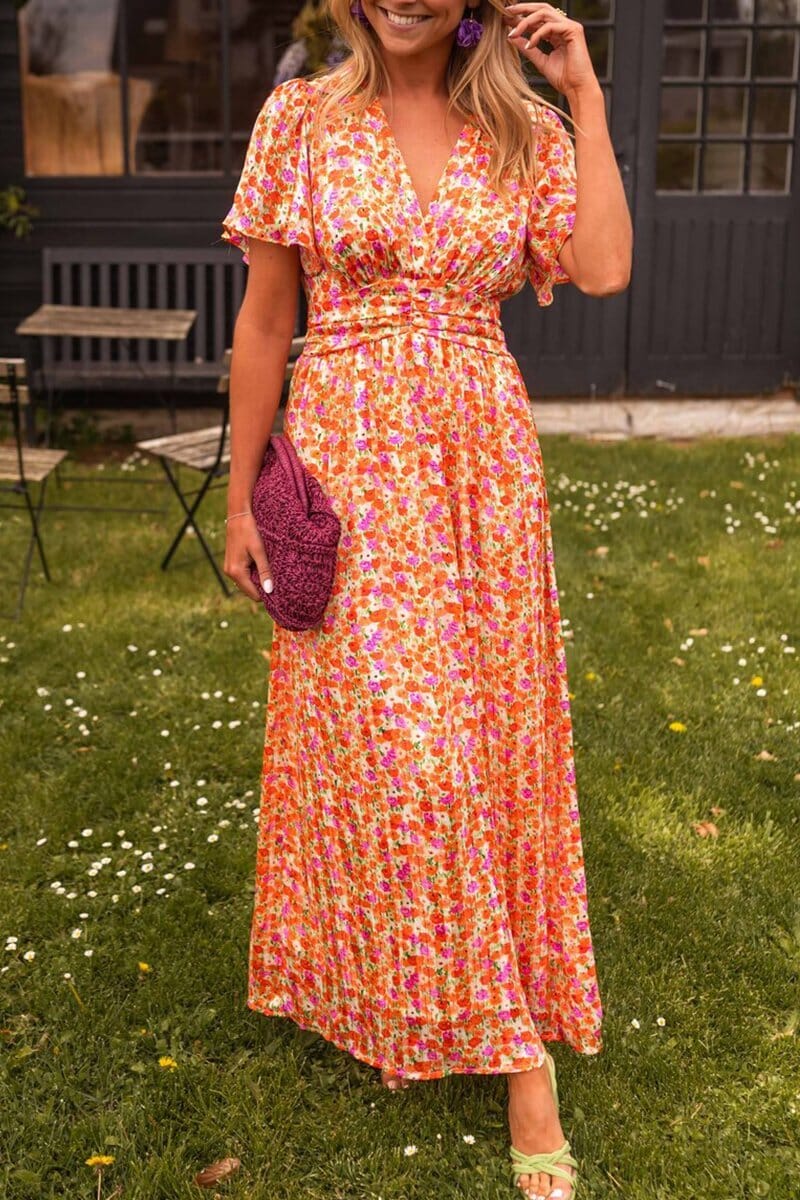 Virgie - Trendy Floral Short Sleeve V-Neck Maxi Dress